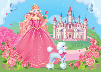 Beautiful fairytale princess. Pink candy background with castle, rainbow and fabulous flower meadow. Wallpaper for girl. Wonderland. Cartoon illustration for children's print or sticker. Vector. © penochka1