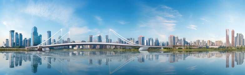 Naklejka premium Modern Bridge Over River in Urban Cityscape