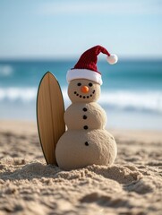 Snowman made out of the sand in the beach. Tropical vacation holiday Christmas concept. Winter in the summer