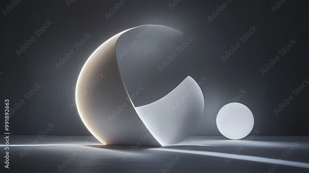 Wall mural abstract white geometric shapes glowing in a dark room.