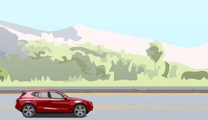 Horizontal illustration of a red car traveling on a road with a mountain landscape as a background