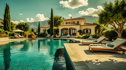 Obraz premium luxurious villa is surrounded by a pool and the tall mountains