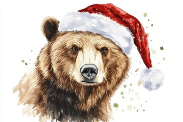 Fototapeta premium A whimsical watercolor illustration of a grizzly bear wearing a Santa hat, symbolizing the joy, warmth, and magic of the holiday season. The bear's expression is both playful and endearing, capturing 