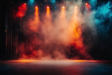 Obraz premium Stage theater with lighting, smoke and red spotlights. Stage background. Stage lighting, Stage Background. Stage with bright colors backdrop decoration with generative ai