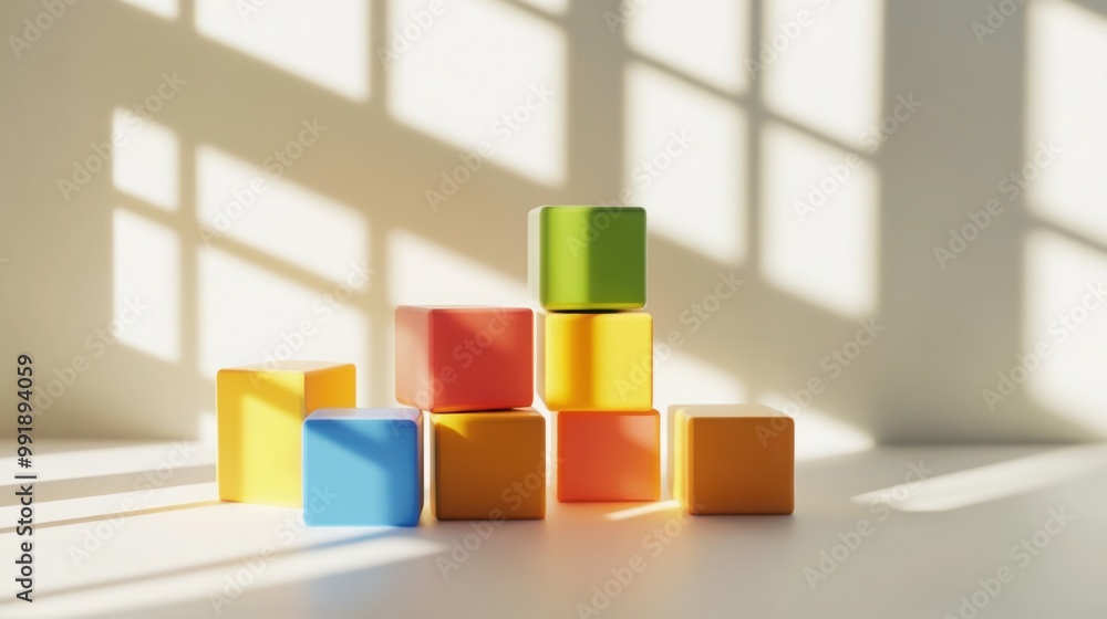 Poster colorful set of building blocks arranged neatly on a clean, white surface