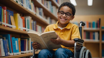 Happy young disabled mixed race school student in wheelchair reading a library book. African american child with disability learning. Inclusive & diverse education