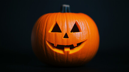 Fototapeta premium Glowing carved pumpkin creates a spooky halloween atmosphere against a dark background
