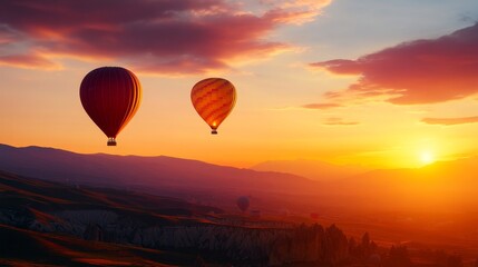 Fototapeta premium Two hot air balloons gracefully ascend against a vibrant sunset sky over the captivating landscape of Cappadocia, Turkey. The warm hues of the sky, the rugged terrain, and the majestic balloons create