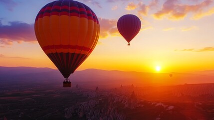 Naklejka premium Hot Air Balloons Soaring Over Cappadocia at Sunrise, a magical sight of colorful balloons against the backdrop of the ancient rock formations, symbolizing adventure, freedom, exploration, and the beau