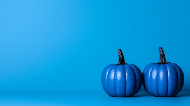 Two blue pumpkins stand against a simple yet festive blue backdrop with copy space