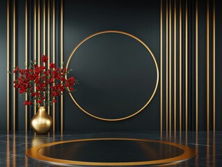 Elegant Black and Gold Interior with Red Flowers and Round Platform.