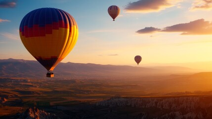 Naklejka premium Hot Air Balloons Soaring Over Cappadocia at Sunset, capturing the beauty of a vibrant landscape, adventure, travel, and breathtaking scenery.