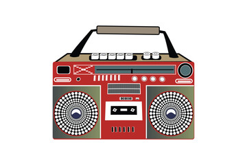 Retro boombox cassette tape player, vibrant pop art style vector illustration for classic music and vintage design
