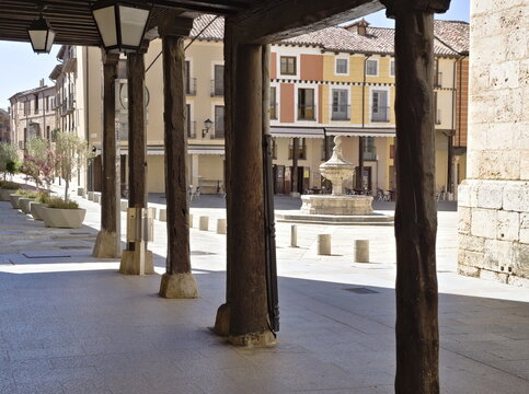 view of the cathedral square of el burgo de osma from the arcades
