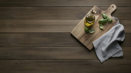 A rustic kitchen setup features a bottle of olive oil, fresh basil leaves, and a cloth napkin on a wooden cutting board against a dark wooden background