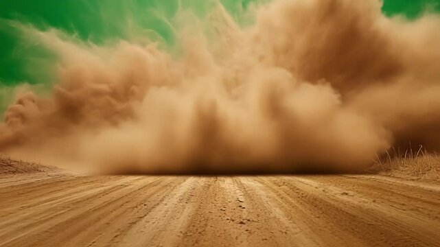 Large cloud of dust is swirling over a dirt road, creating a dramatic effect on a green screen background, perfect for visual effects and motion graphics projects