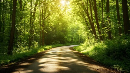 Bright sunny road winding through lush green forest picture