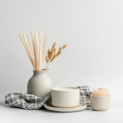 A minimalistic setup showcases a vase with dried reeds, a candle, and a ceramic bowl on fabric