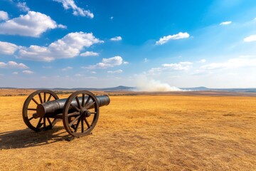 Cannon on Battlefield with Smoke and Dry Grass