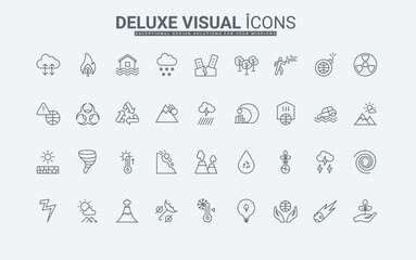 Warning signs for rescue from hurricane, tsunami, tornado, and storm thin black outline symbols vector illustration. Natural disaster, impacts of climate change and pollution line icons set.