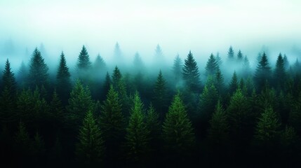 Fototapeta premium A serene and ethereal image of a misty pine forest, capturing the tranquility of nature, with fog shrouding the tall evergreen trees, creating a sense of mystery and peace.