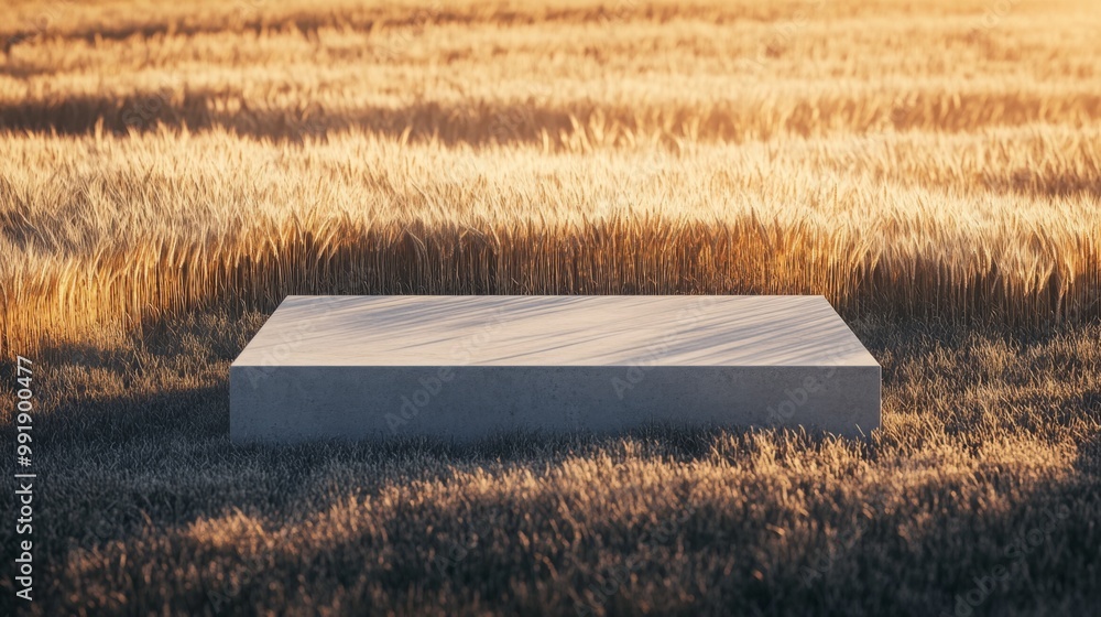 Aufkleber a flat concrete platform is set against a backdrop of vast golden wheat fields during sunset. the wa