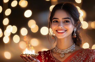 Fototapeta premium A young woman in traditional attire celebrates a festival with a lit oil lamp in hand