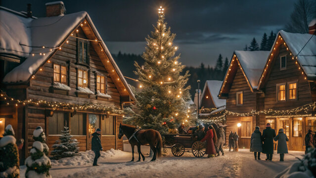 A snow-covered village at dusk, with twinkling Christmas lights strung between cottages, a decorated Christmas tree in the town square, people walking in warm coats, snow gently falling