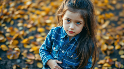 Fototapeta premium blue-eyed girl of five or six years old, European type, brown-haired
