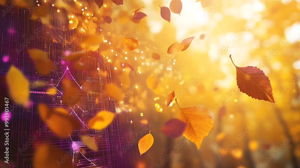 Poster abstract digital grid pattern with falling autumn leaves and sunbeams in a forest background.