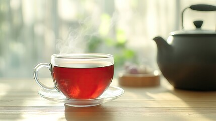 A close-up captures a steaming glass cup of black tea on a wooden table, with a vintage kettle and jars of herbs nearby, illuminated by warm light in a cozy kitchen