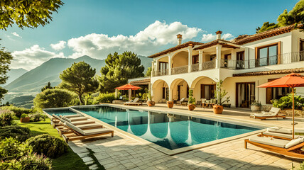 Fototapeta premium luxurious villa is surrounded by a pool and the tall mountains