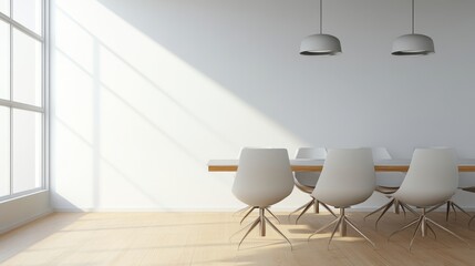 A sleek and modern meeting room featuring a minimalist table and chairs, bathed in natural light streaming through a large window. The clean lines and bright space create a welcoming and inspiring env