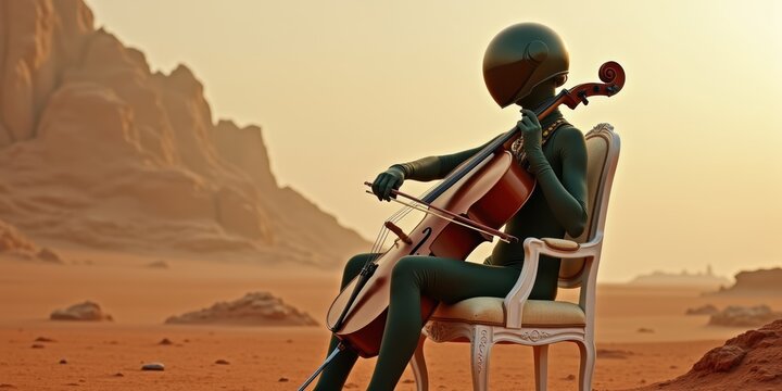 An otherworldly scene featuring an alien figure playing a cello in a surreal desert landscape, blending art and science fiction.