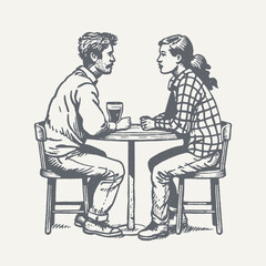 Couple Sitting at the Bar. Vintage woodcut engraving style vector illustration.