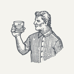 Man Holding Glass of Whisky. Vintage woodcut engraving style vector illustration.