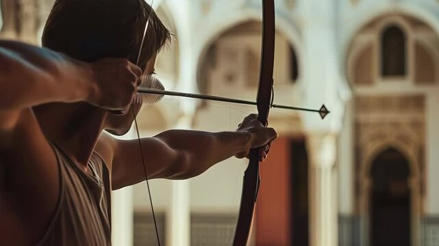 Archer aiming at target with traditional bow in historic setting, 4k footage