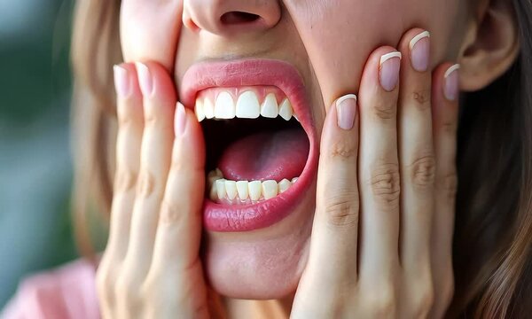 A close-up of a woman in pain, holding her face and grimacing.