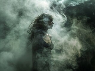 Young woman captured in dynamic action pose surrounded by fog