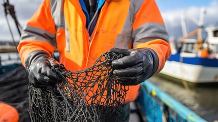 close-up of fisherman in commercial fishing boat with net