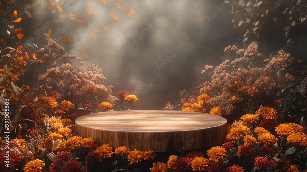 Aufkleber this enchanting scene features a wooden platform nestled amid a rich display of colorful autumn flow