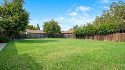 Fototapeta premium A modern backyard features vibrant green grass, a barbecue area, and a cozy dining space under a large umbrella on a bright sunny day