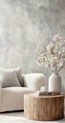 A serene living area features a cozy chair draped in soft fur, accompanied by natural decor elements