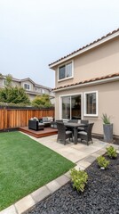 A modern backyard features vibrant green grass, a barbecue area, and a cozy dining space under a large umbrella on a bright sunny day