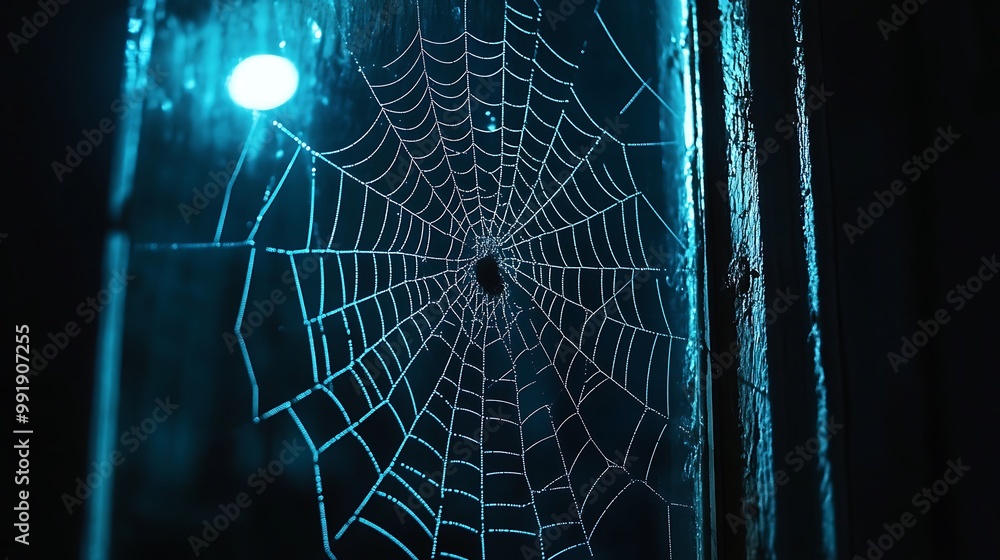 Poster a spider web in the dark with a soft blue light shining through the strands.