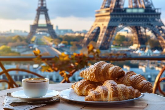 A plate of croissants sits on a table next to a cup of coffee, generative ai image
