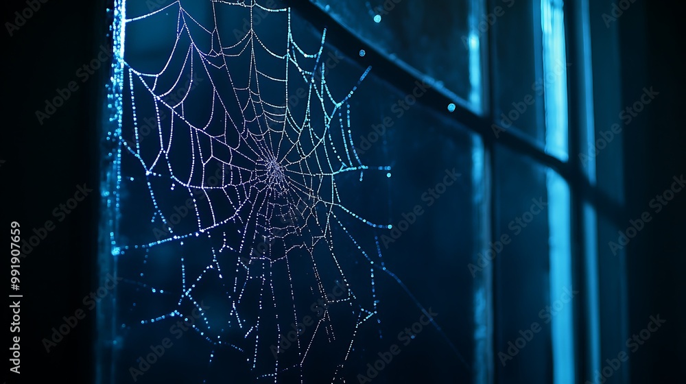 Poster a spider web with dew drops hangs in front of a window.