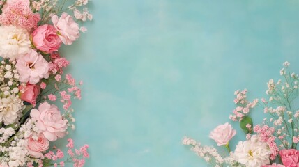 A vibrant bouquet of pink and white flowers arranged on a soft blue background for spring decoration