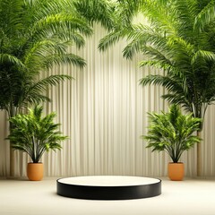 Fototapeta premium Minimalist Product Display with Palm Trees and Curtains.
