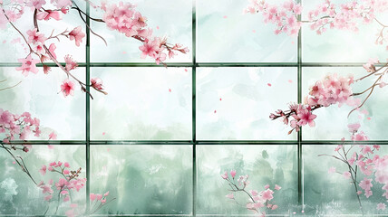A tranquil view of cherry blossoms framing a serene window in springtime harmony